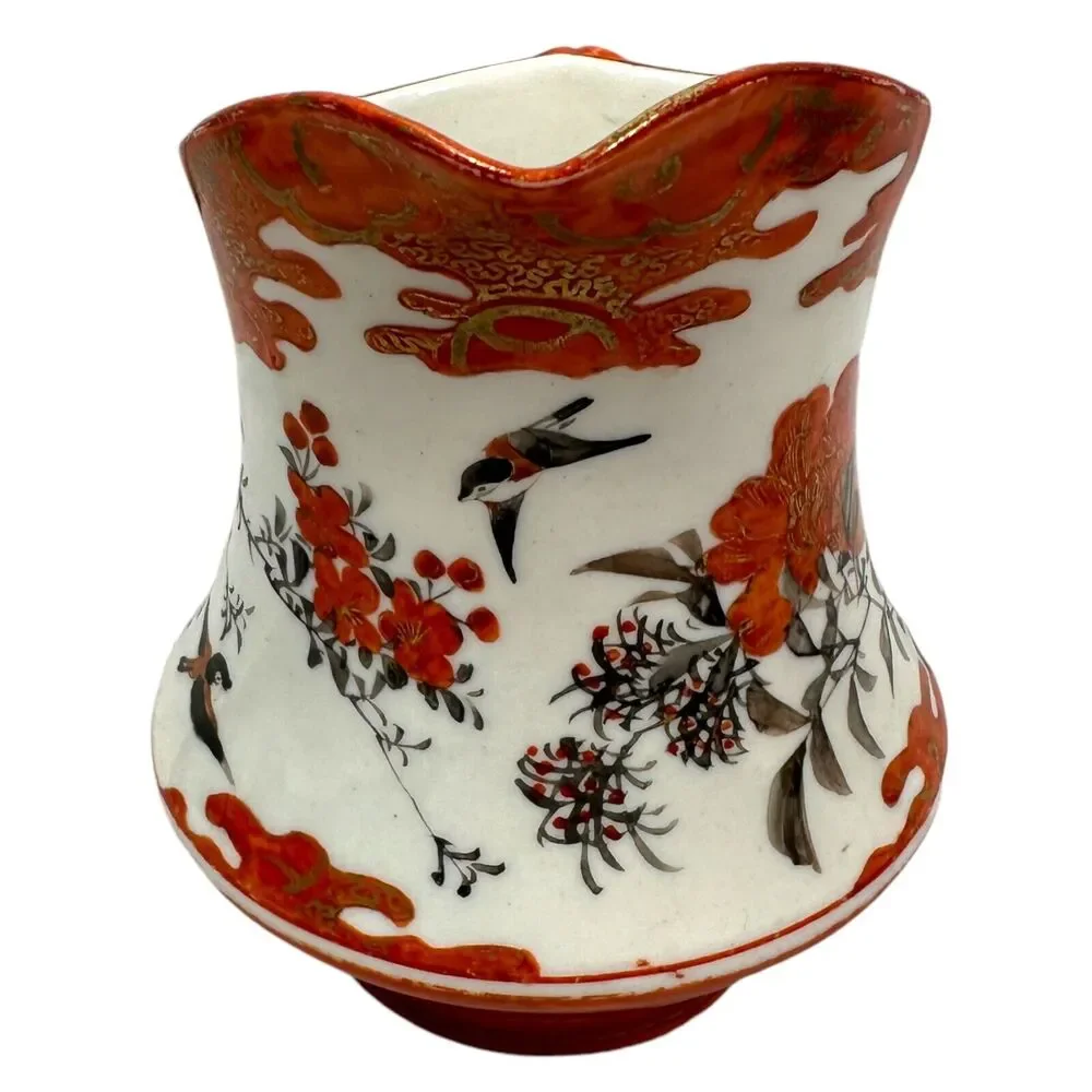 Antique Japanese Kutani Porcelain Creamer Sugar Dish White Meiji Floral‎ Vintage